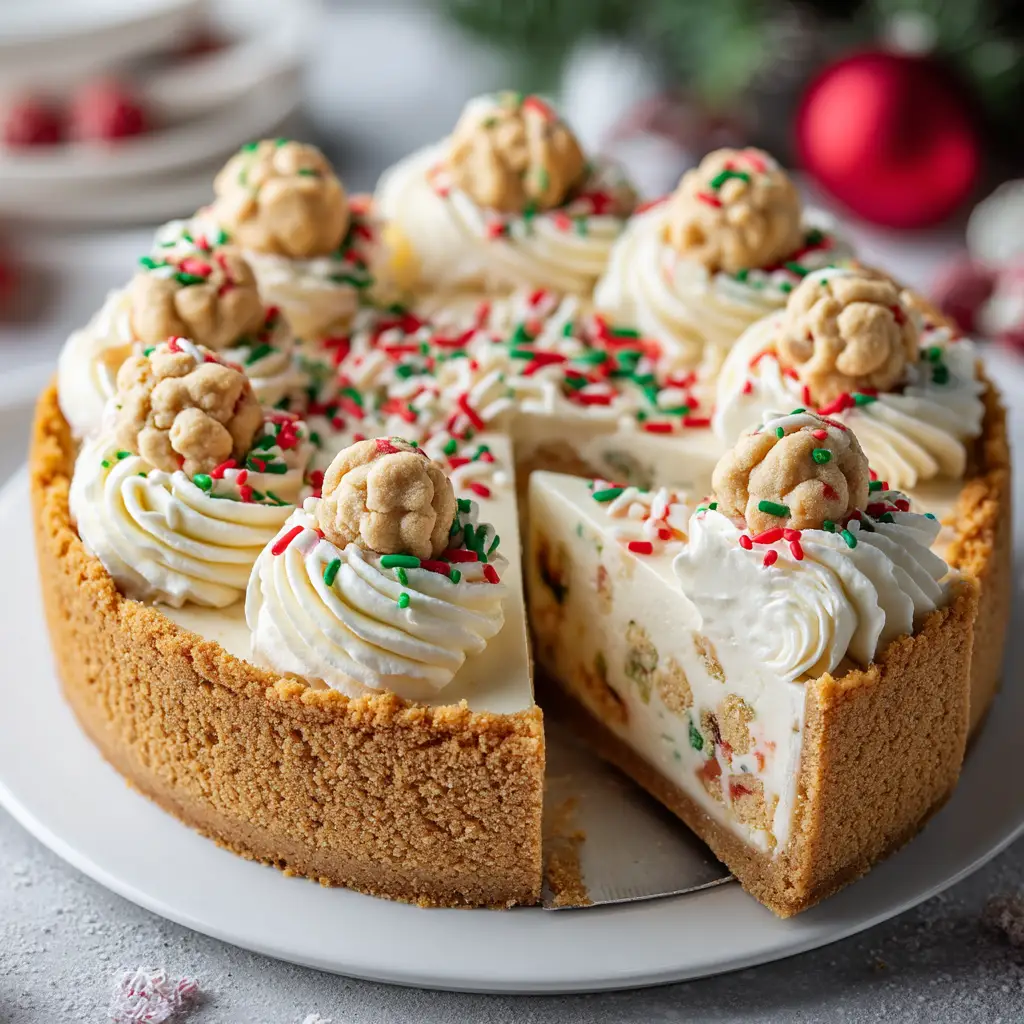 A slice of Sugar Cookie Cheesecake showing the rich interior texture, topped with perfect swirls of white frosting and edible cookie dough balls.