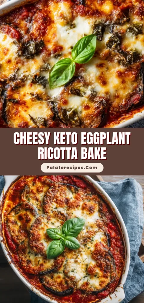 A freshly baked Eggplant Ricotta Bake in a rustic white ceramic baking dish, photographed from a close-up three-quarters overhead angle, showing rich tomato sauce, melted cheeses, and a basil garnish.