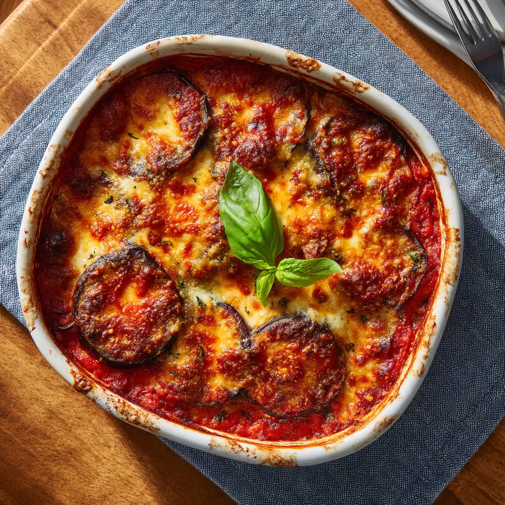 A rustic white ceramic baking dish filled with an Eggplant Ricotta Bake, topped with bubbly golden-brown mozzarella and a fresh green basil leaf in the center, resting on a textured blue-gray napkin.