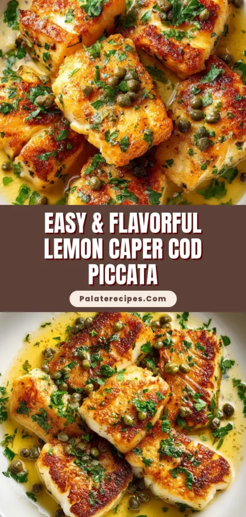 A shallow white ceramic bowl containing pan-seared golden-brown cod fillets smothered in a glossy lemon butter caper sauce and fresh parsley. (Cod Piccata Recipe)