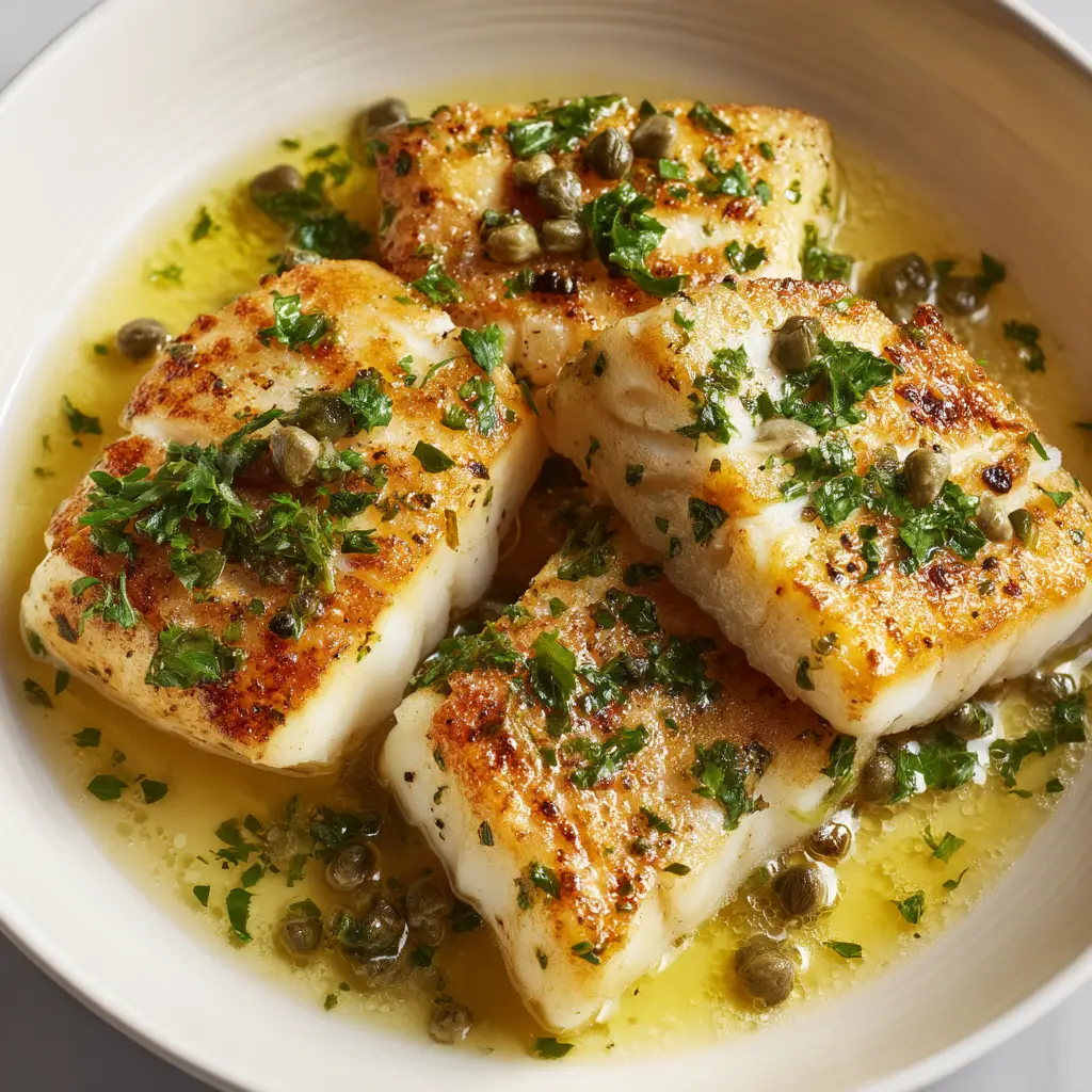 Close up of glossy lemon butter caper sauce poured over freshly seared cod piccata fillets.
