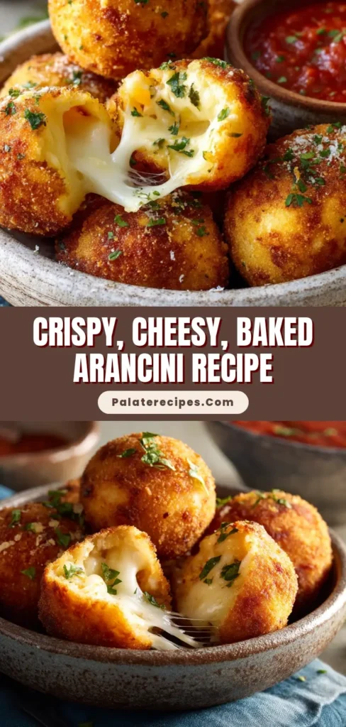 A rustic stoneware bowl filled with golden brown baked arancini, with one broken open showing a gooey mozzarella cheese pull.