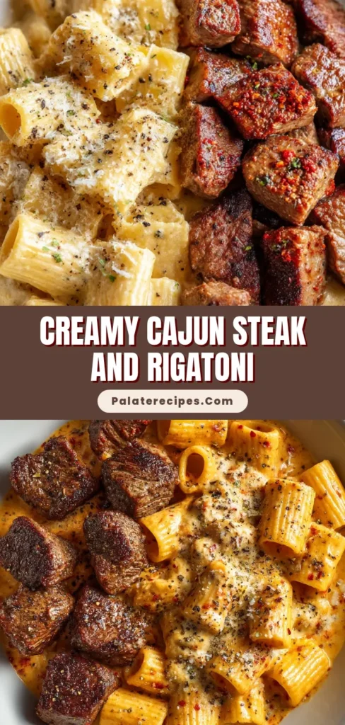 A visually stunning plate of Cajun Steak Pasta featuring creamy Parmesan rigatoni on one side and glistening seared steak bites on the other.