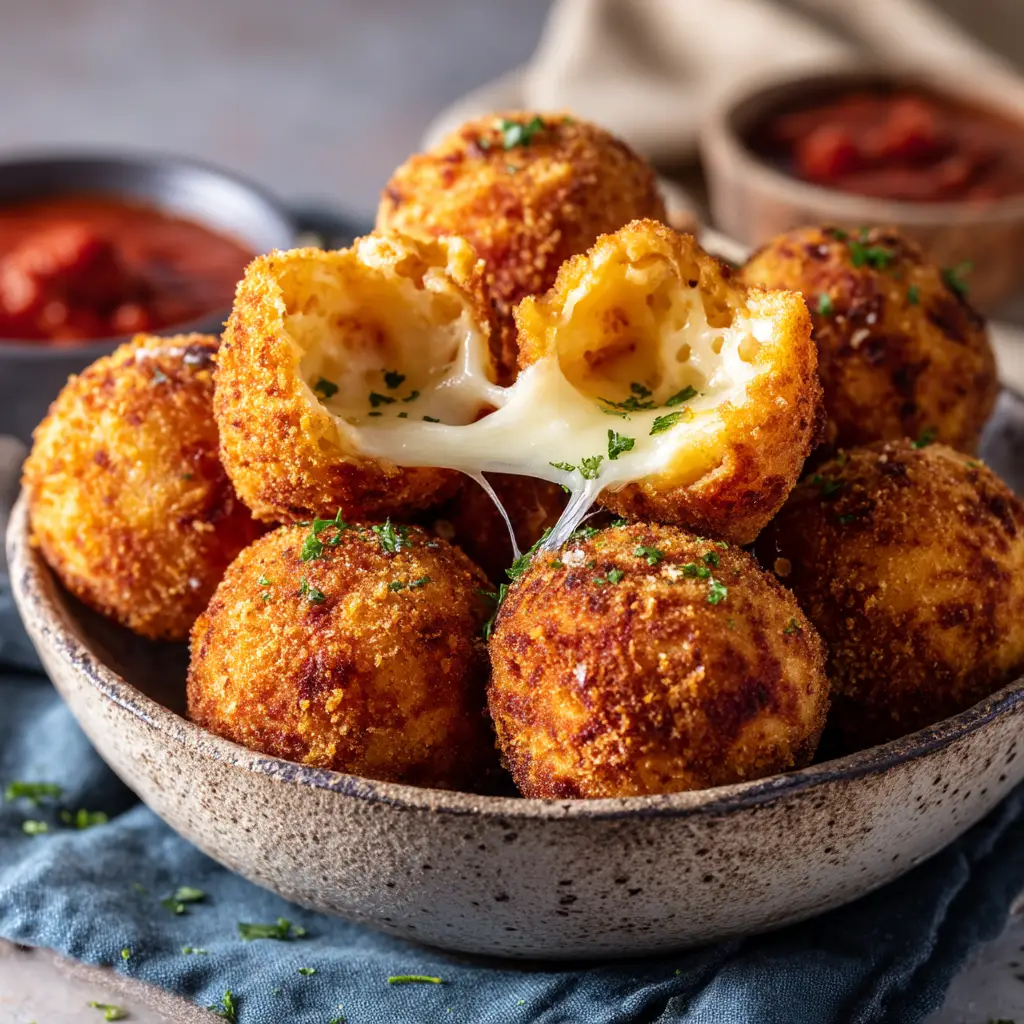 Close up of breaded baked arancini on a parchment lined baking sheet ready for the oven.
