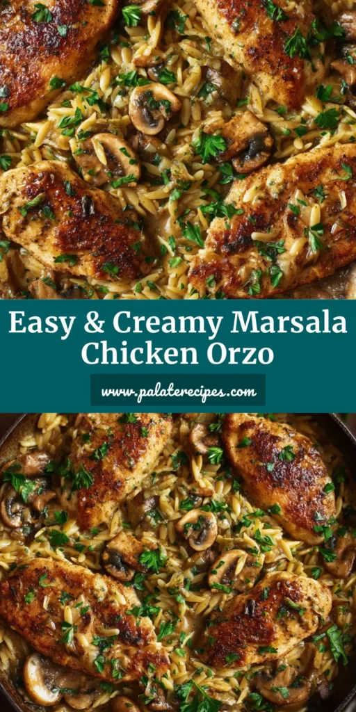 Top-down view of creamy Marsala Chicken Orzo in a dark, rustic skillet featuring golden-brown chicken and sliced mushrooms in a glossy sauce.