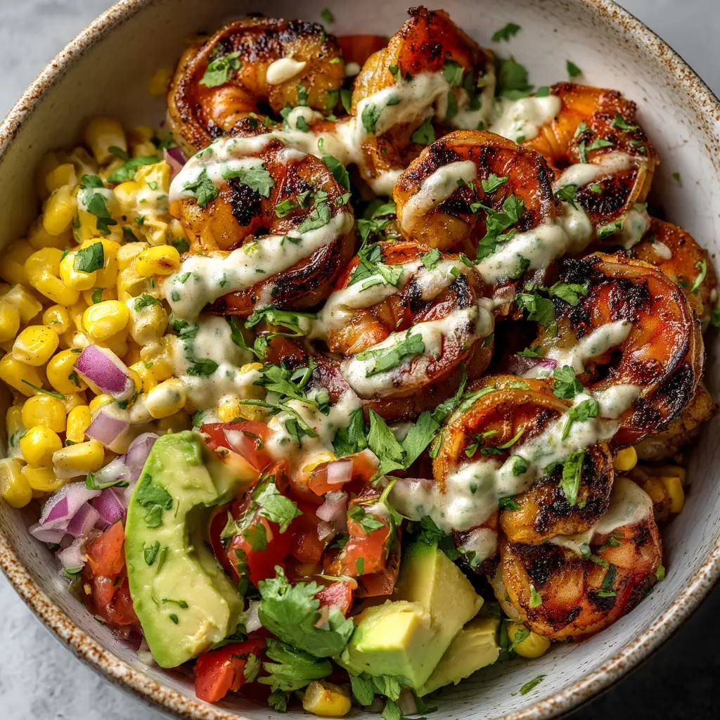 The Ultimate Char-Grilled Shrimp Bowl with Creamy Garlic Sauce 2 A thick, creamy garlic sauce being drizzled over a Grilled Shrimp Bowl packed with creamy avocado and chopped fresh cilantro.