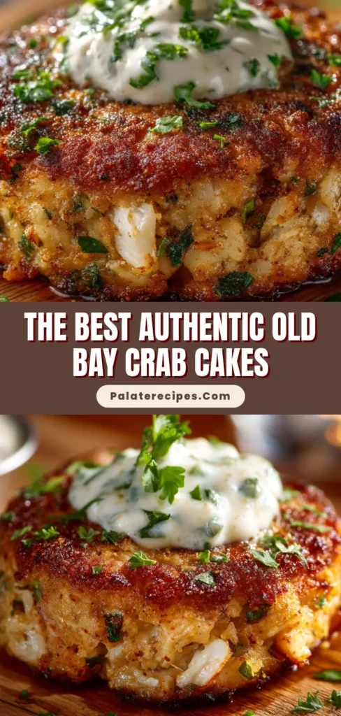 A perfectly round, pan-seared Old Bay Crab Cake with a golden brown crust, sitting on a rustic wooden board garnished with creamy remoulade and parsley.