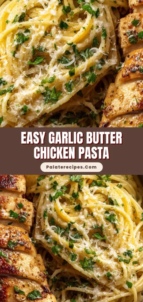 A ceramic bowl filled with Garlic Butter Chicken Pasta, featuring glossy spaghetti, pan-seared chicken breast, fresh parsley, and grated parmesan.
