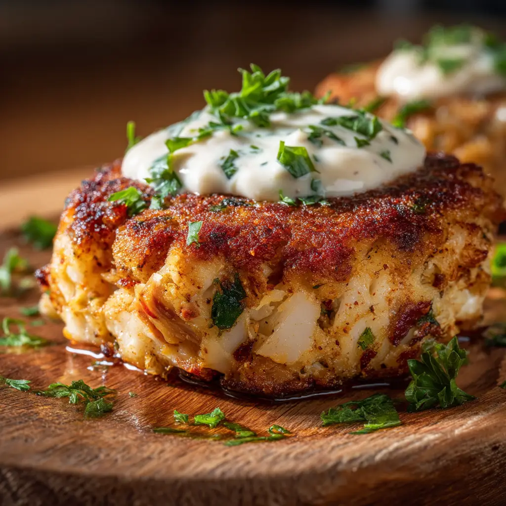 A warm, photorealistic close up of a fully cooked Old Bay Crab Cake topped with zesty remoulade sauce and chopped fresh parsley.