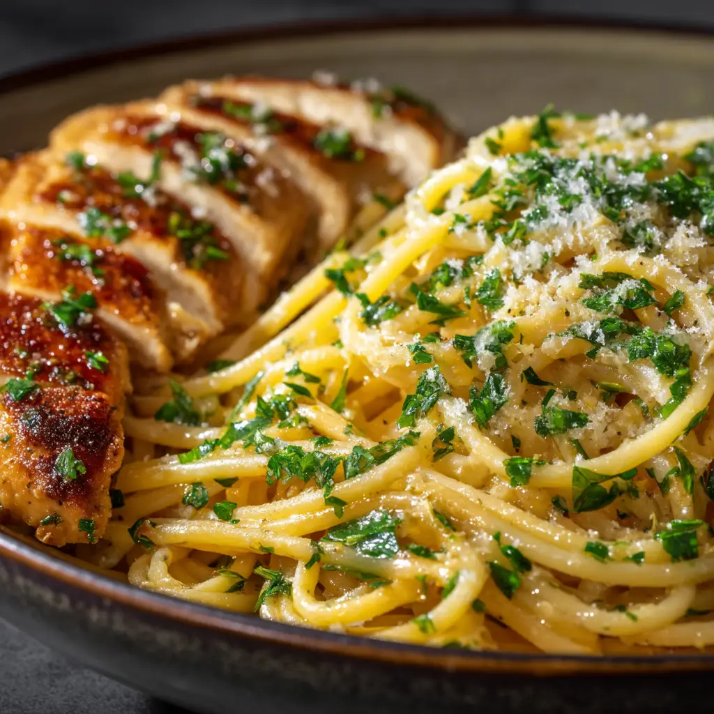 Golden-brown pan-seared chicken breast sliced over top of garlic butter spaghetti in a ceramic bowl.
