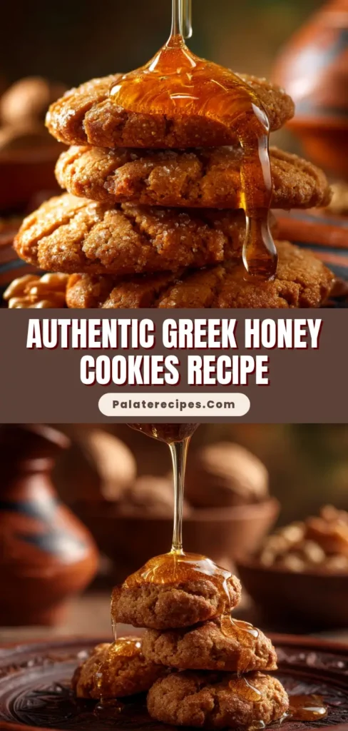 A close-up shot of golden-brown Greek honey cookies glistening under a drizzle of amber honey, topped with chopped walnuts on a dark terracotta plate.