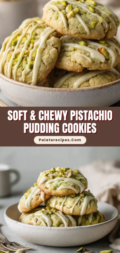 A shallow, off-white ceramic bowl filled with soft pale green pistachio pudding cookies drizzled in white chocolate and chopped pistachios.