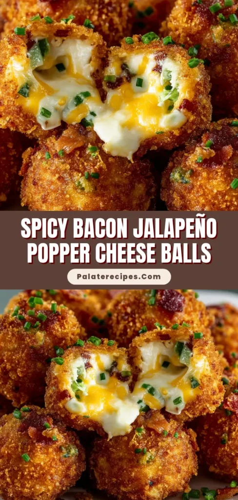Close-up of crispy, golden-brown Bacon Jalapeño Popper Cheese Balls on a white ceramic plate, with one broken open revealing gooey melted cheddar, cream cheese, green jalapeño bits, crispy bacon pieces, and chopped chives.