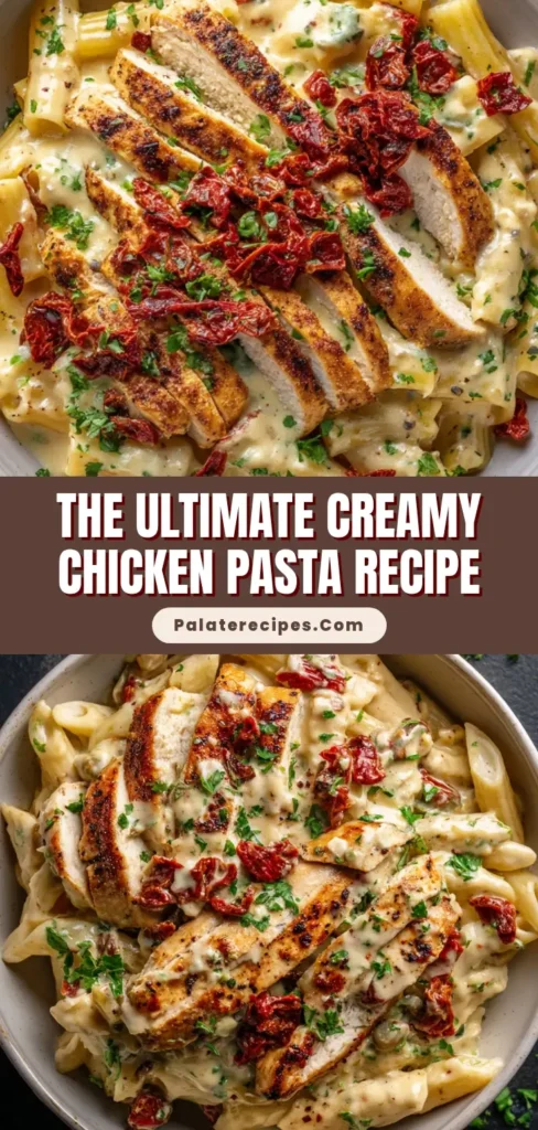 A stunning, top-down view of Marry Me Chicken Pasta in an off-white ceramic bowl, featuring sliced grilled chicken, penne, and a creamy parmesan sauce topped with sun-dried tomatoes.