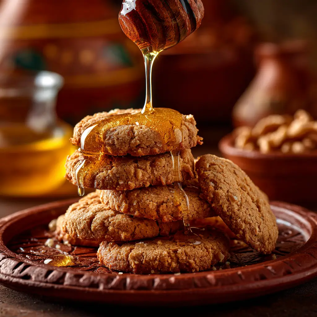 Thick, viscous honey dripping over a small stack of golden Greek honey cookies surrounded by warm kitchen lighting.