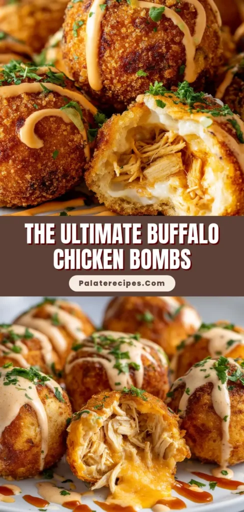 Close-up of golden-brown buffalo chicken bombs drizzled with a creamy light orange sauce and garnished with fresh parsley on a white plate.