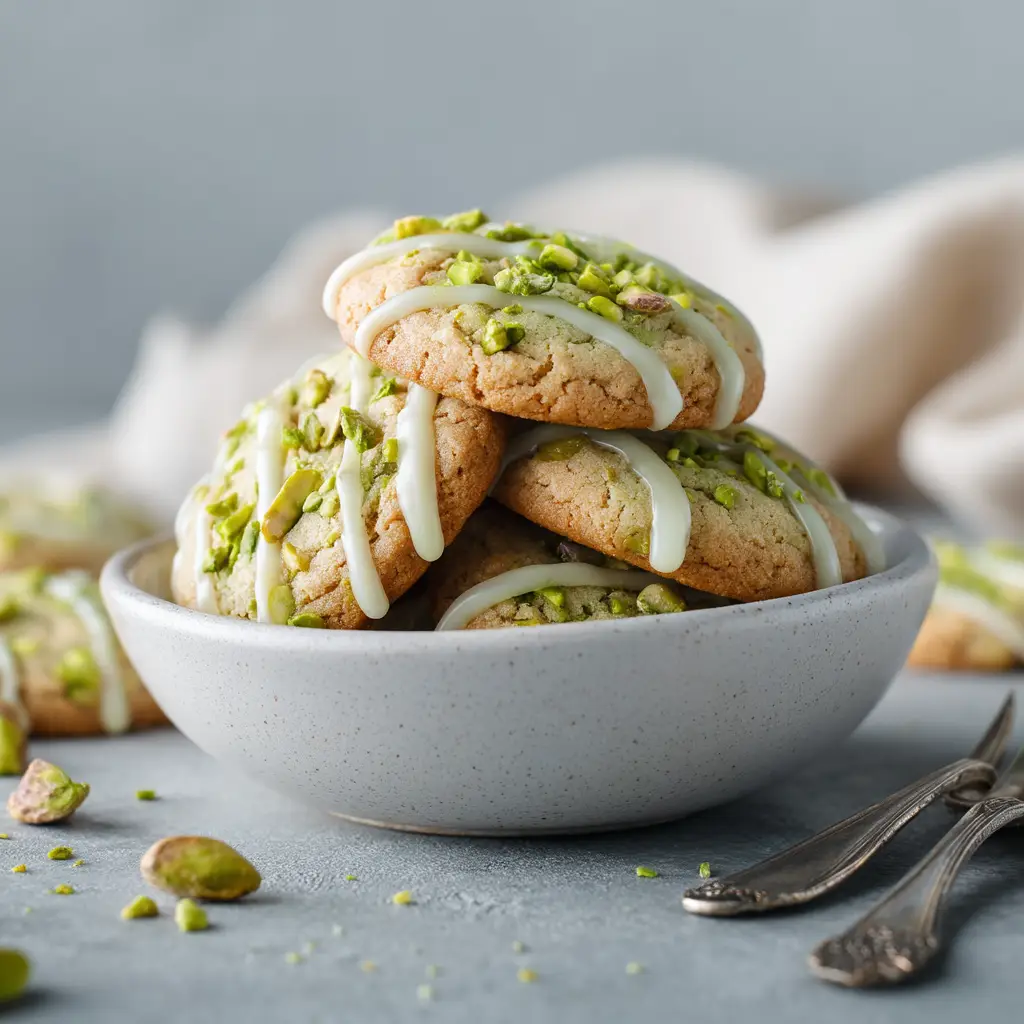 Close up of pale green pistachio pudding cookies topped with white chocolate drizzle and vibrant chopped pistachios next to a vintage fork.