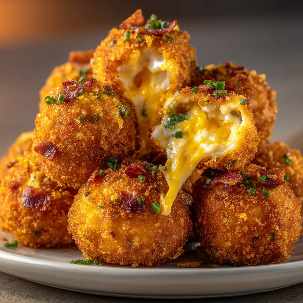 Freshly fried golden-brown Bacon Jalapeño Popper Cheese Balls cooling on a wire rack, garnished with bacon and chives.