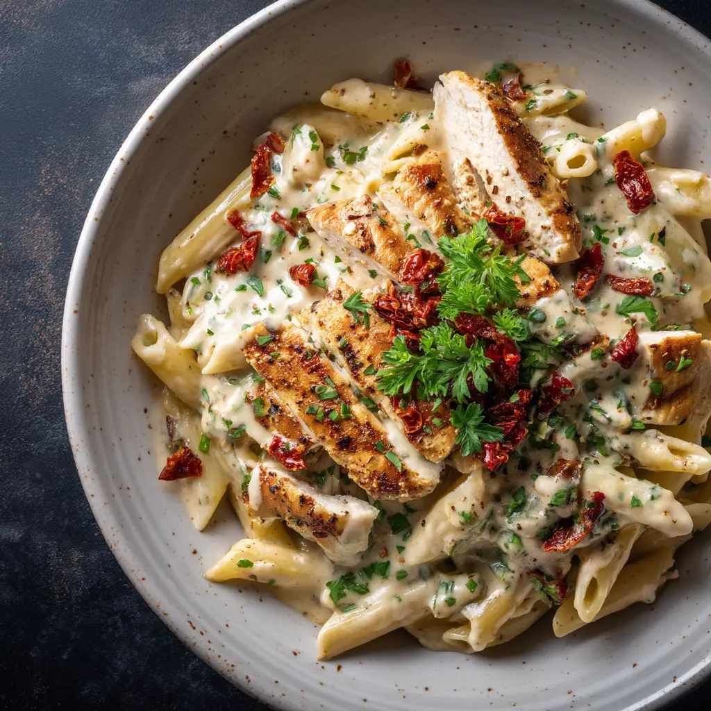 Penne pasta being tossed in a rich, off-white parmesan cream sauce with grilled chicken slices on a dark textured surface.