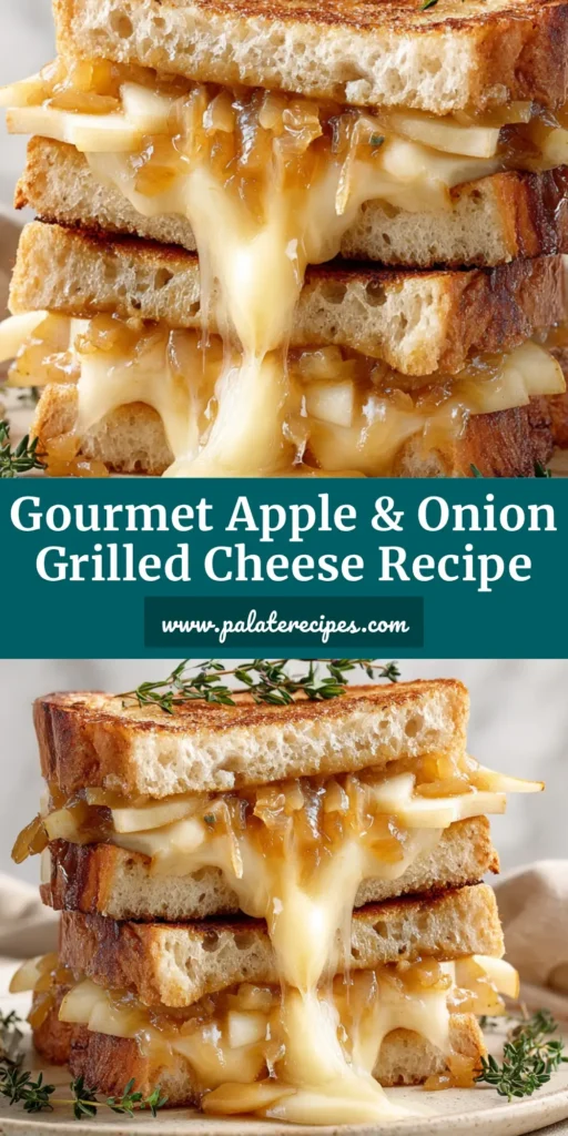 A stack of two caramelized onion and apple grilled cheese sandwiches sliced in half, revealing melted Gruyere.