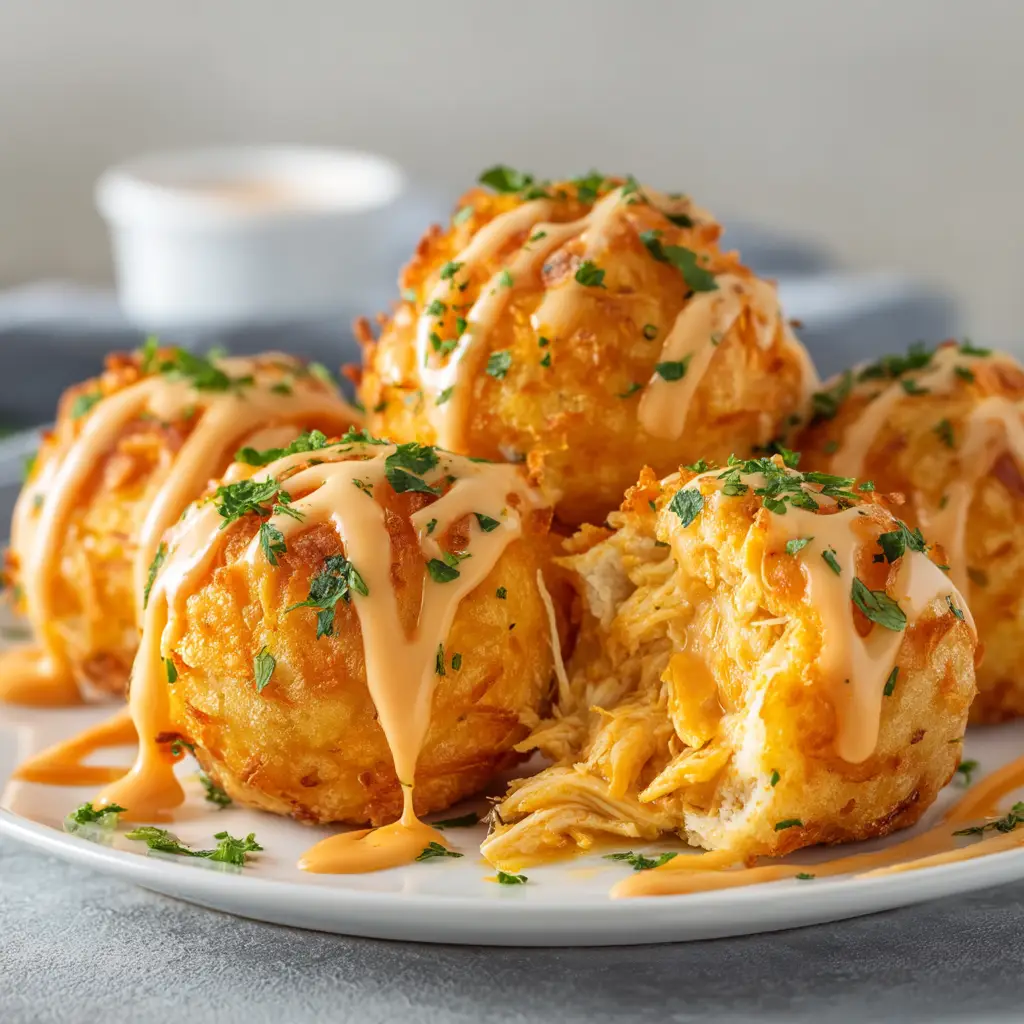 Several baked buffalo chicken bombs arranged on a white plate, showcasing their perfectly blistered crust and light orange sauce drizzle.