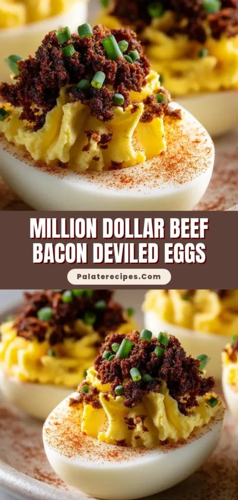 Extreme close-up of Beef Bacon Deviled Eggs on a clean white ceramic plate, featuring creamy yellow yolk topped with crispy beef bacon and green chives.