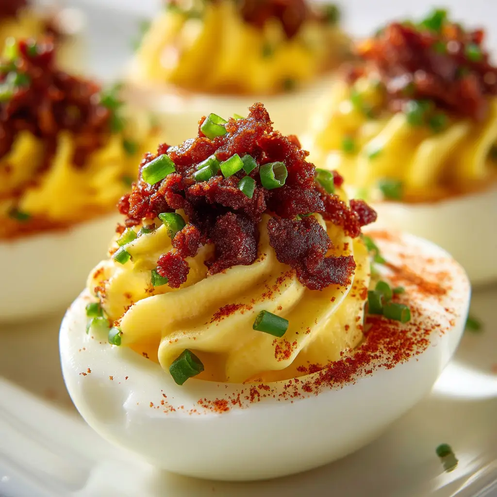 A pile of dark brown, crispy beef bacon crumbles and finely chopped green chives garnishing deviled eggs.