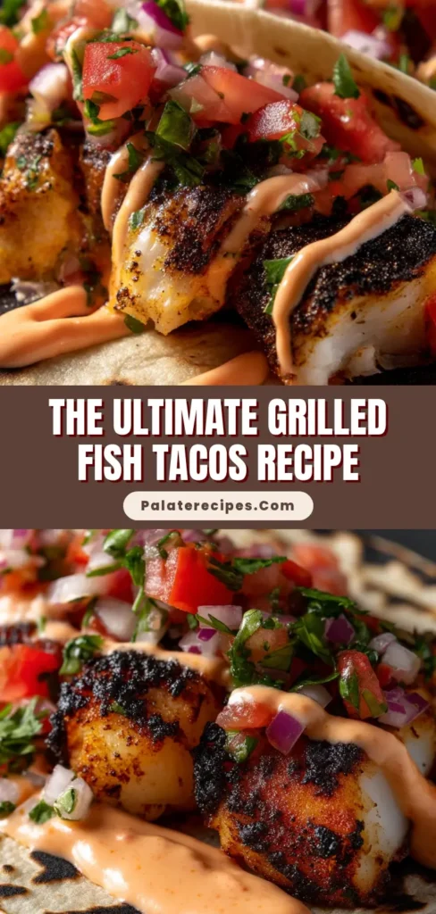 A visually stunning Grilled Fish Tacos Recipe served on a dark slate plate with chipotle mayo and pico de gallo.