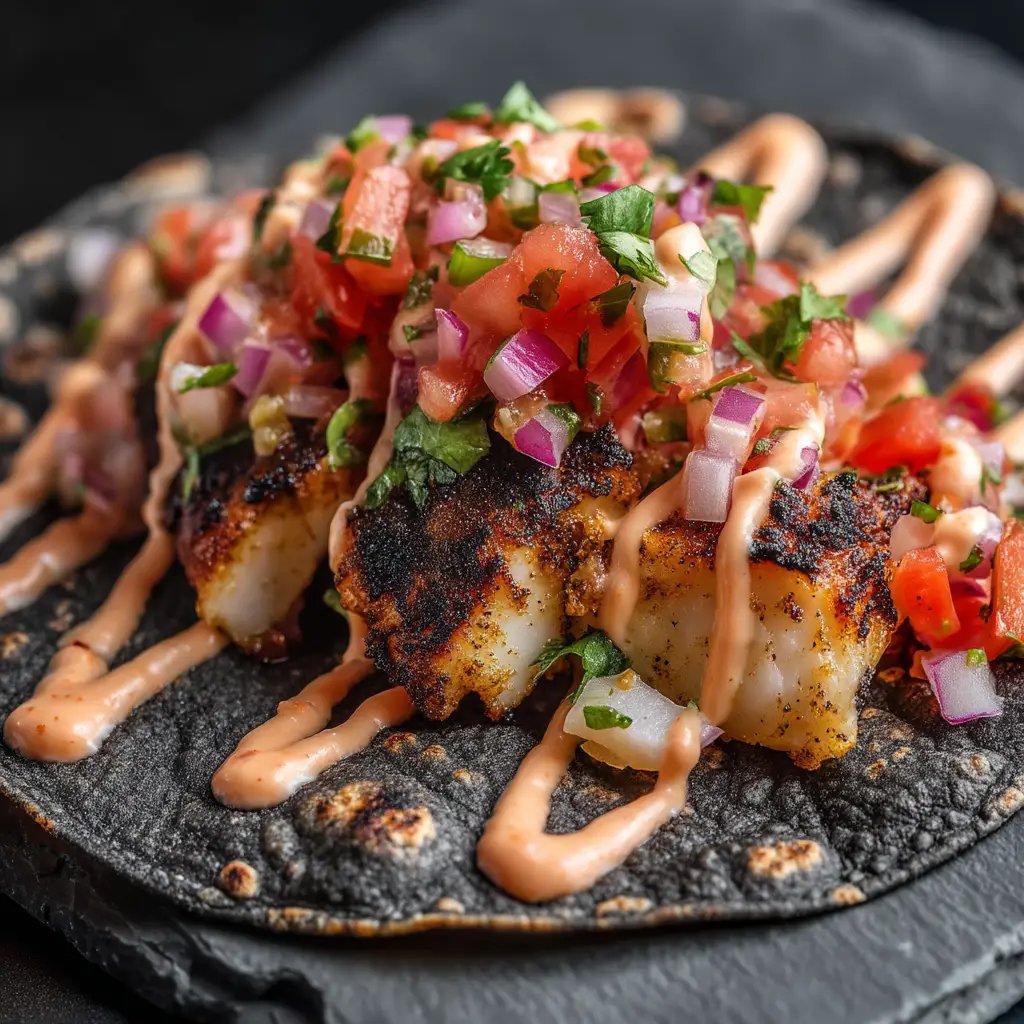 Vibrant fresh pico de gallo with diced red tomatoes, onions, and chopped cilantro on top of a fish taco.