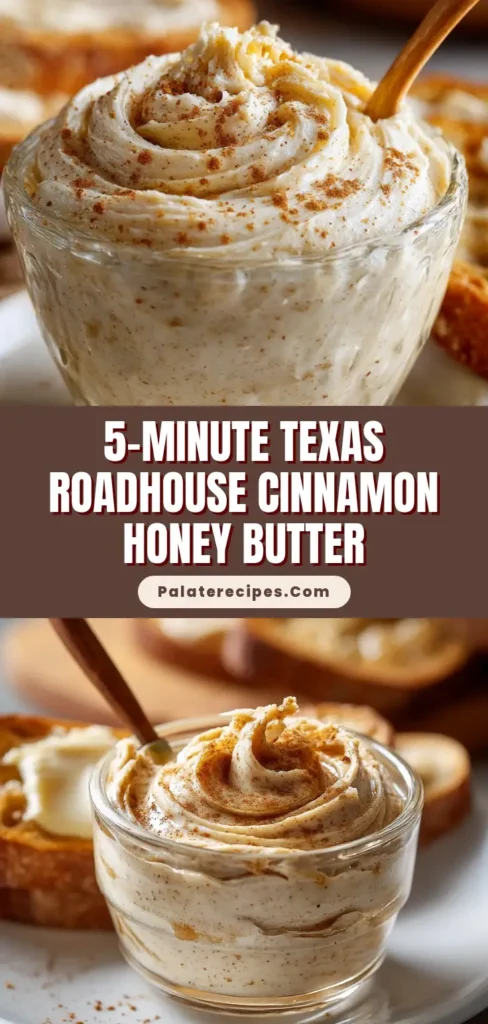 A small clear glass ramekin filled with fluffy, whipped Texas Roadhouse Cinnamon Honey Butter, sprinkled with ground cinnamon, resting on a white plate with a small wooden spoon, surrounded by rustic toasted bread.