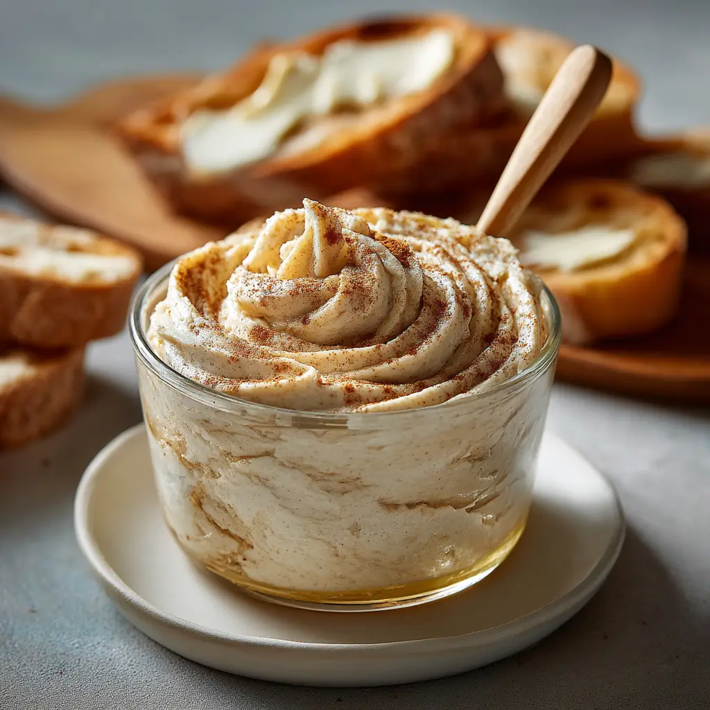 Beautiful soft swirls of whipped cinnamon honey butter in a small clear glass ramekin, sprinkled with cinnamon, with a small wooden spoon.
