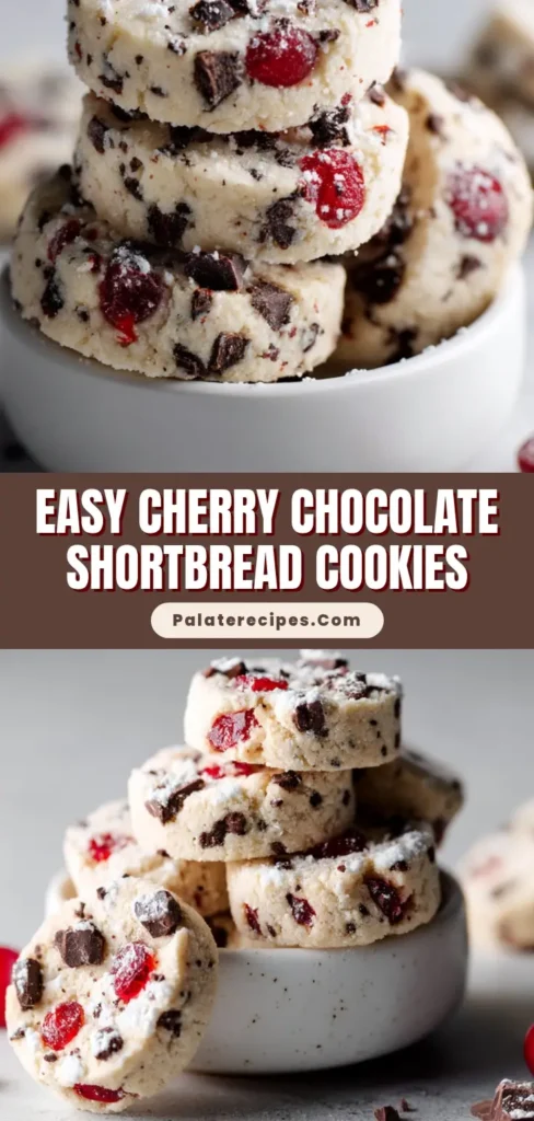 A stack of thick, crumbly Cherry Chocolate Chip Shortbread Cookies loaded with dark chocolate chunks and bright red maraschino cherries, dusted with powdered sugar in a white ceramic bowl.