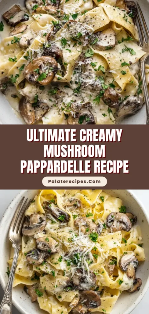 Top-down view of Creamy Mushroom Pappardelle in a speckled ceramic bowl, garnished with parsley and parmesan.