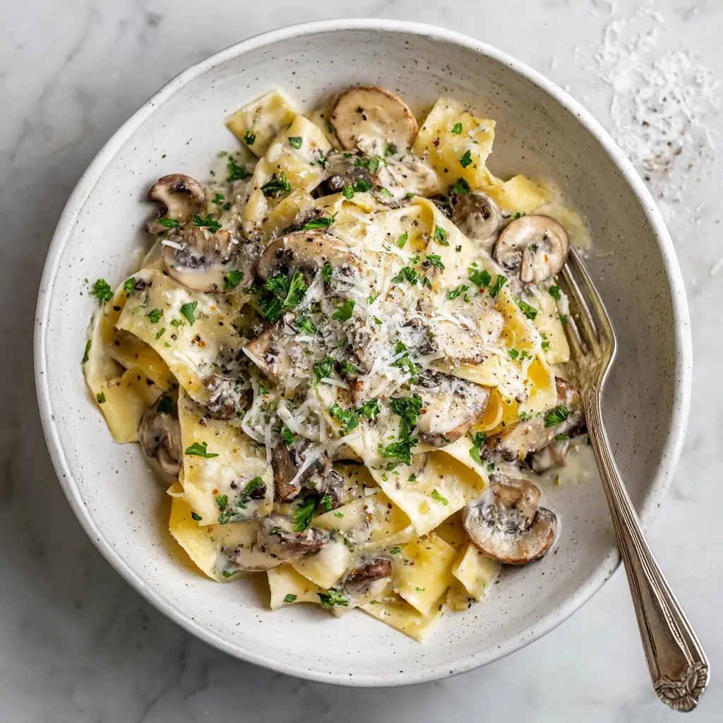 Wide, flat pappardelle pasta coated in a rich, creamy white sauce with abundant sliced and sauteed cremini mushrooms.