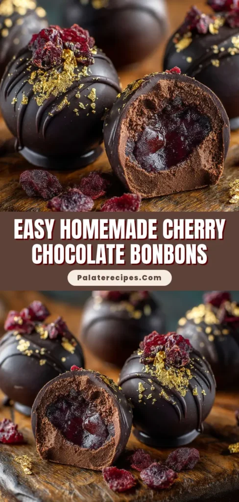 A close-up of dark Cherry Chocolate Bonbons garnished with dehydrated cherries and gold leaf, cut open to show a glistening cherry filling.