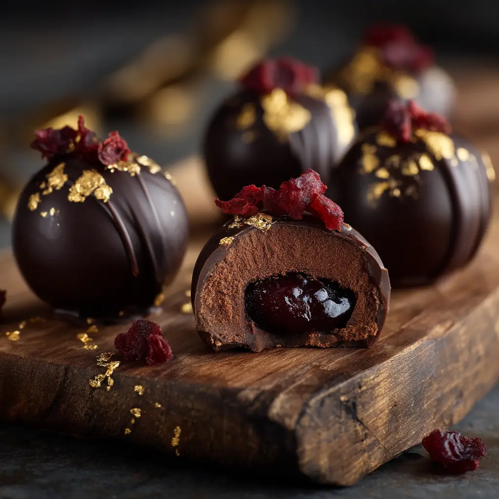 Close up shot of tempered dark chocolate shells filled with dark cherry filling and ganache for the Cherry Chocolate Bonbons Recipe.