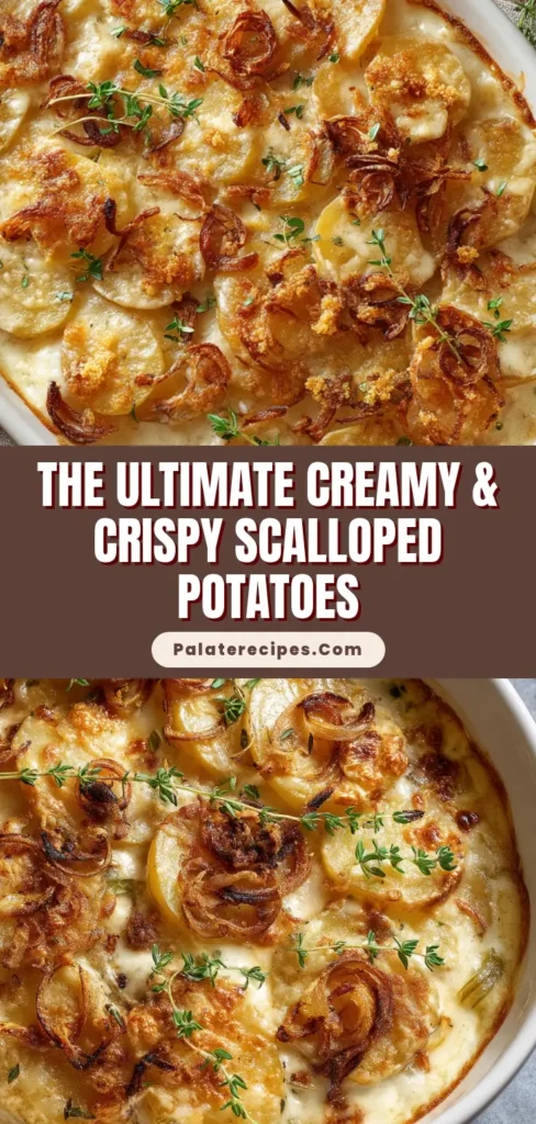 Close-up overhead shot of creamy scalloped potatoes in a white ceramic baking dish topped with crispy fried onions and fresh thyme. (Scalloped Potatoes Recipe)