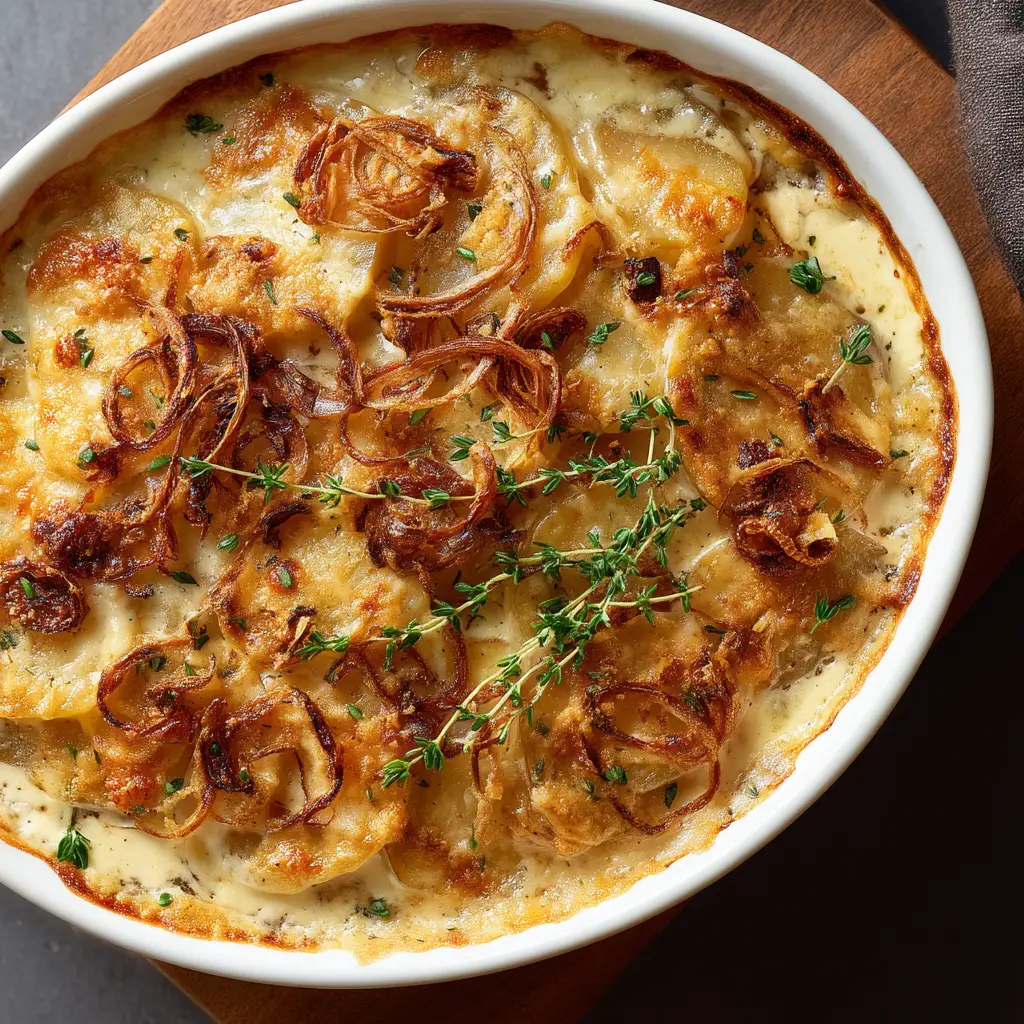 Rich, bubbling Gruyère cheese sauce poured over layered potatoes in a white ceramic baking dish.