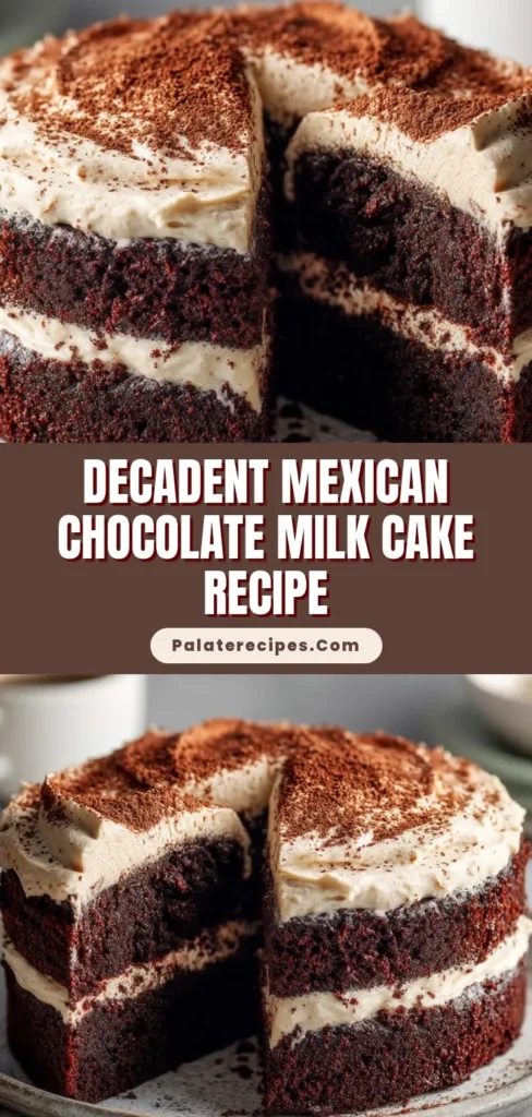 A decadent slice of Mexican Chocolate Milk Cake topped with creamy off-white frosting and a generous dusting of cocoa powder.