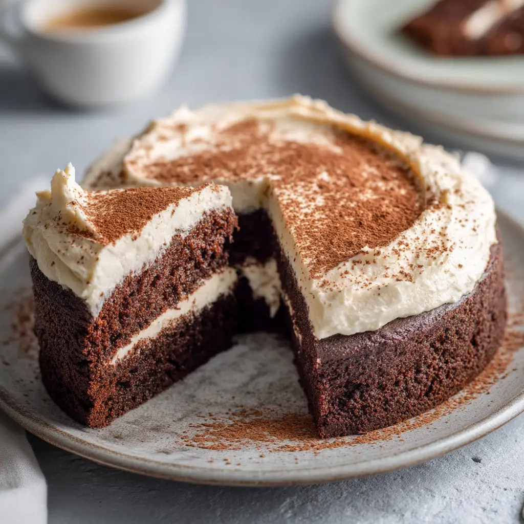 A slice taken out of a moist, dense Mexican chocolate cake showing the thick layer of creamy off-white frosting.