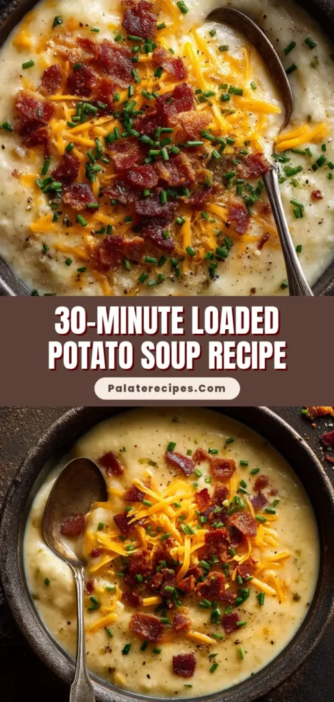 A rustic dark ceramic bowl filled with thick, creamy loaded potato soup, topped with melted cheddar cheese, crispy bacon, and fresh chives.