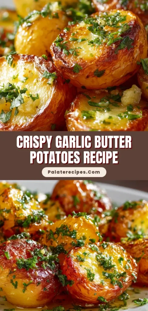 Extreme close-up of Crispy Garlic Butter Potatoes on a white plate, showing golden-brown crusty skin, soft fluffy insides, and fresh parsley.