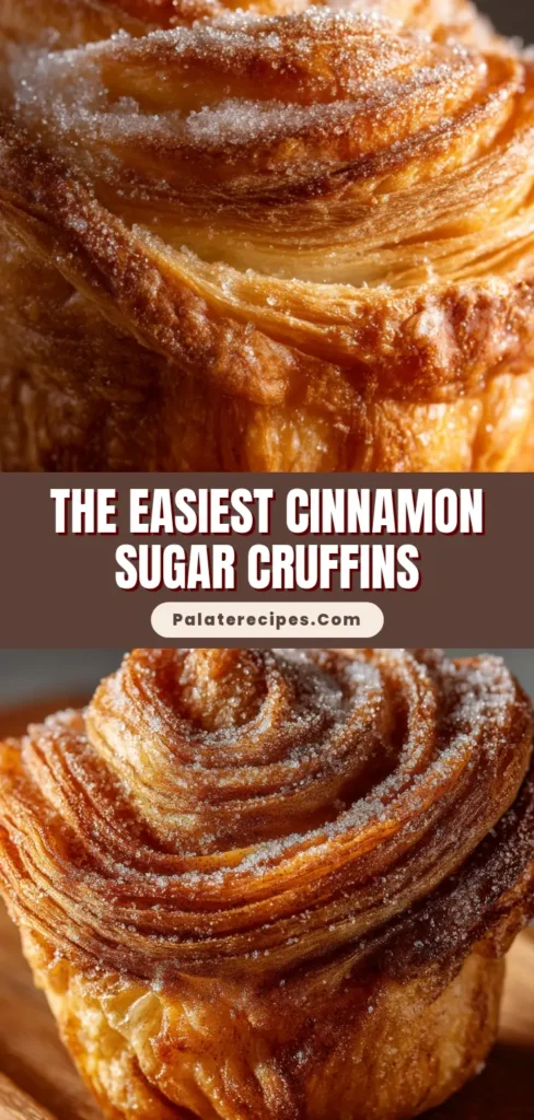 Extreme close-up of a perfectly baked cinnamon cruffin with intricate, flaky layers, glistening with granulated sugar and cinnamon. (Cruffin Recipe)