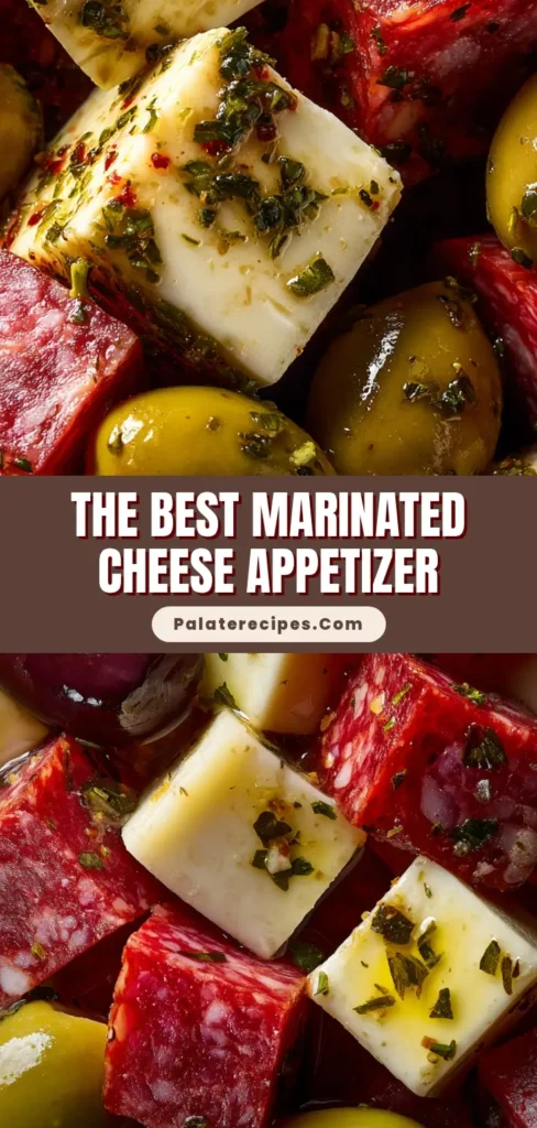 Extreme close-up of a Marinated Cheese Appetizer with firm white cheese cubes, red salami, and glossy green olives in herb oil.