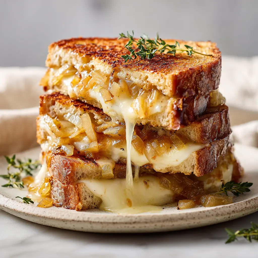 Fresh ingredients including crisp apples, yellow onions, artisan bread, and a block of Gruyere cheese on a marble surface.