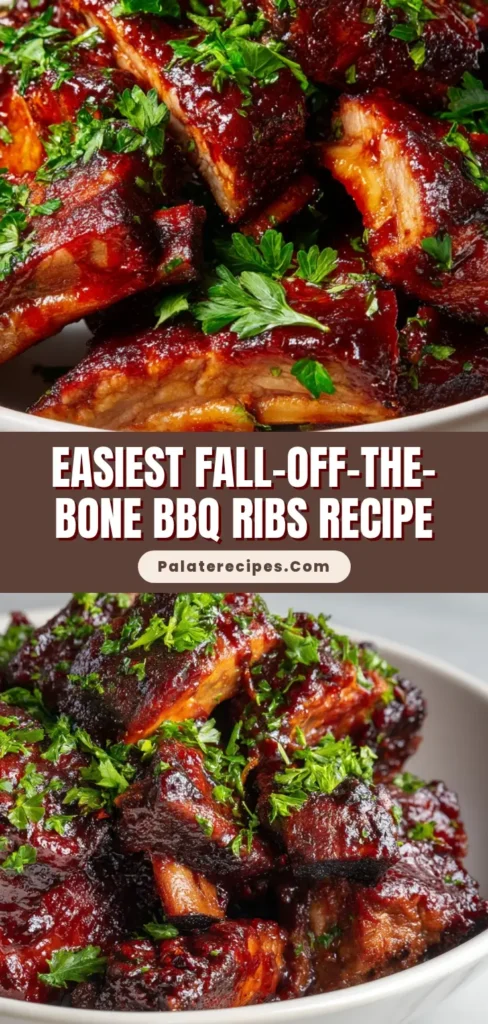 A high-angle view of succulent Oven-Baked BBQ Ribs with a glossy dark red glaze and fresh parsley in a white bowl.