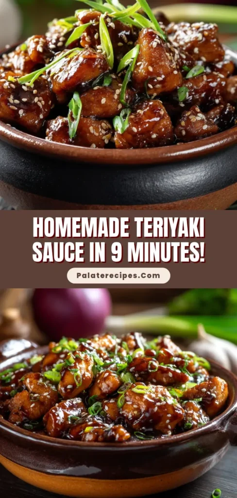 A rustic ceramic bowl filled with glistening chicken coated in thick, dark Homemade Teriyaki Sauce, garnished with sesame seeds and green onions.
