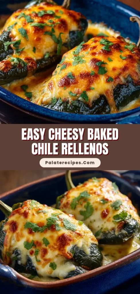 Two gorgeous baked chile rellenos covered in bubbly golden brown cheese and fresh cilantro, served in a rustic cobalt blue dish.