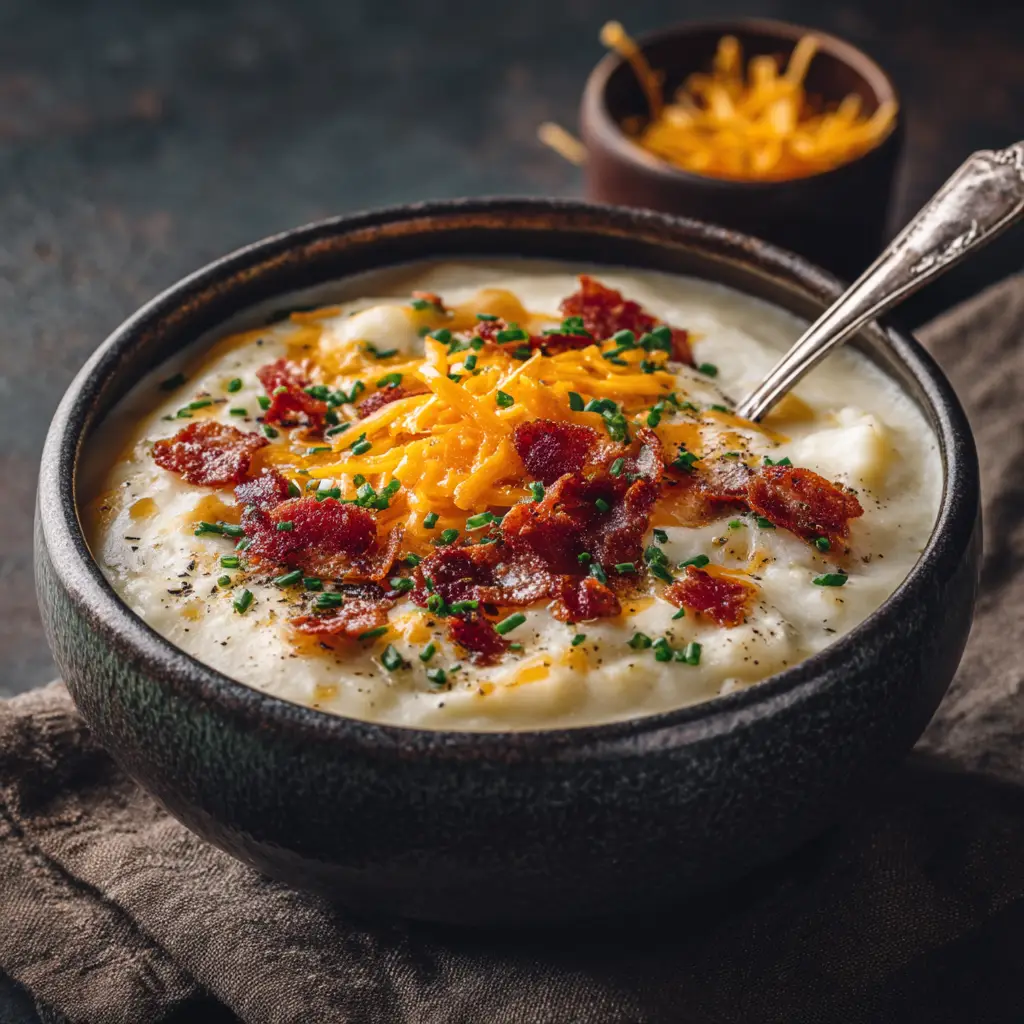 Extreme close-up of loaded potato soup garnished with melted sharp cheddar cheese, bacon crumbles, and chopped fresh chives.