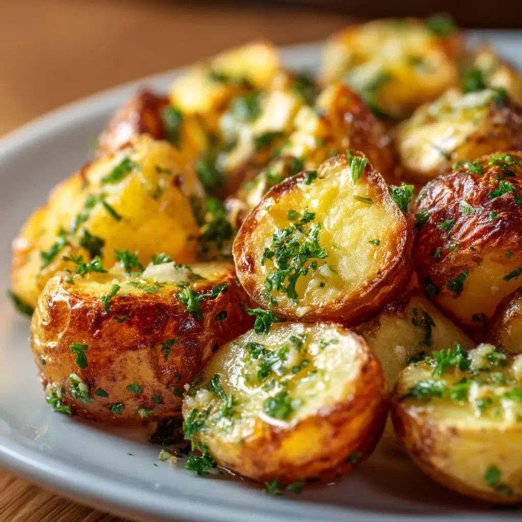 A white plate piled high with crispy oven-roasted potatoes glistening with melted butter and minced garlic.